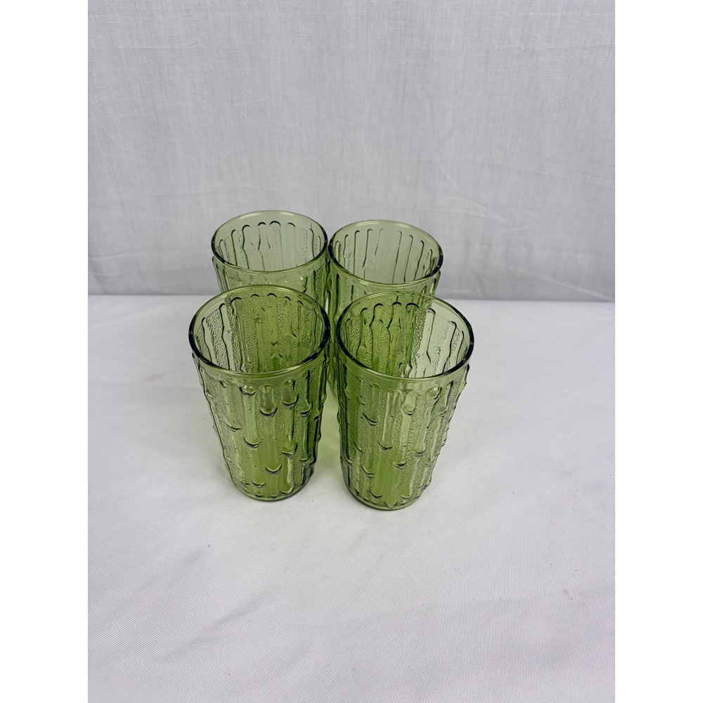 Vintage Avocado Green Bamboo Textured‎ Glass Tumblers Set of 4 MCM Juice - Picture 5 of 5